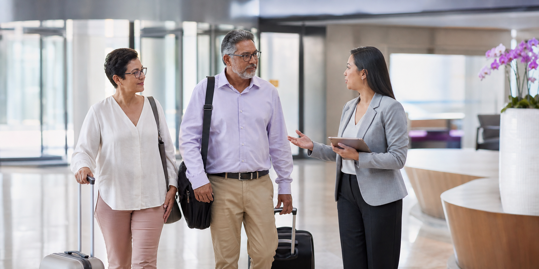 International patient and companion welcomed by a medical travel coordinator